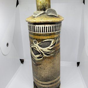 Signed handmade ceramic vase with leaves and lines